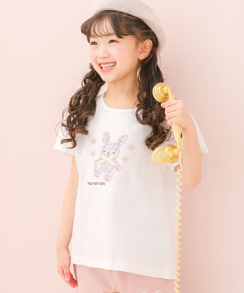 綿100％ 花柄うさぎアップリケ バックリボンつきTシャツ