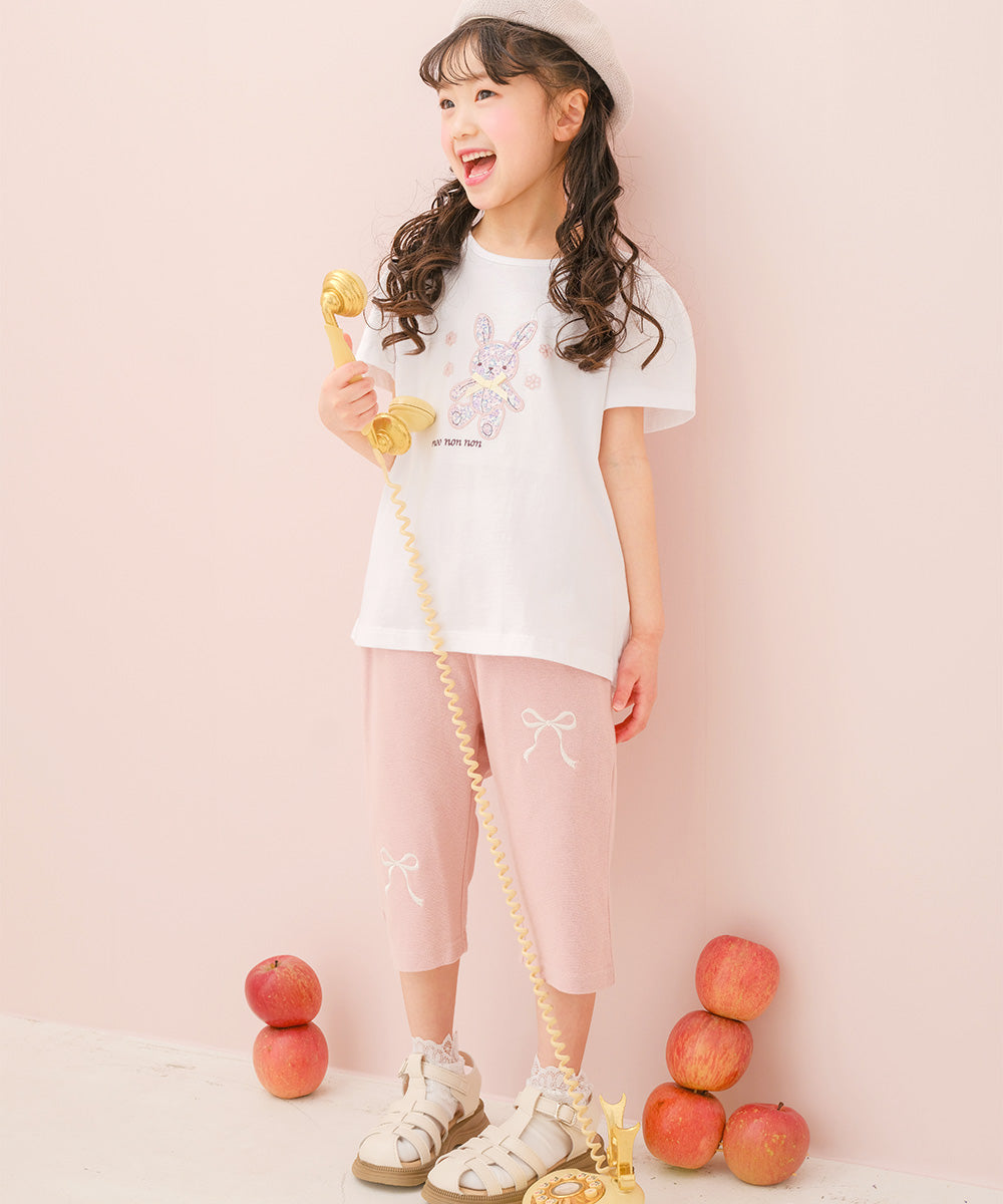 綿100％ 花柄うさぎアップリケ バックリボンつきTシャツ