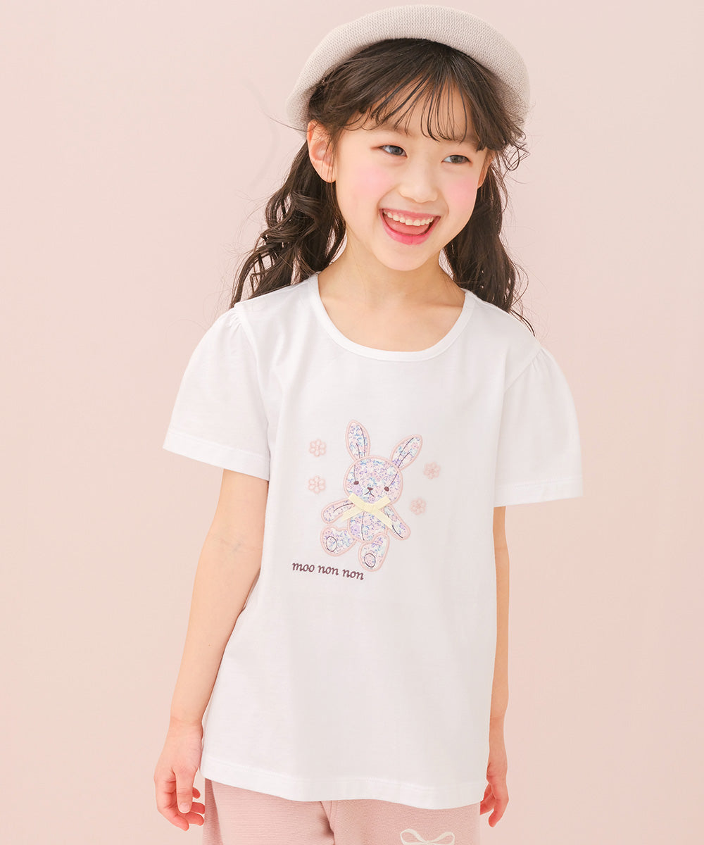 綿100％ 花柄うさぎアップリケ バックリボンつきTシャツ
