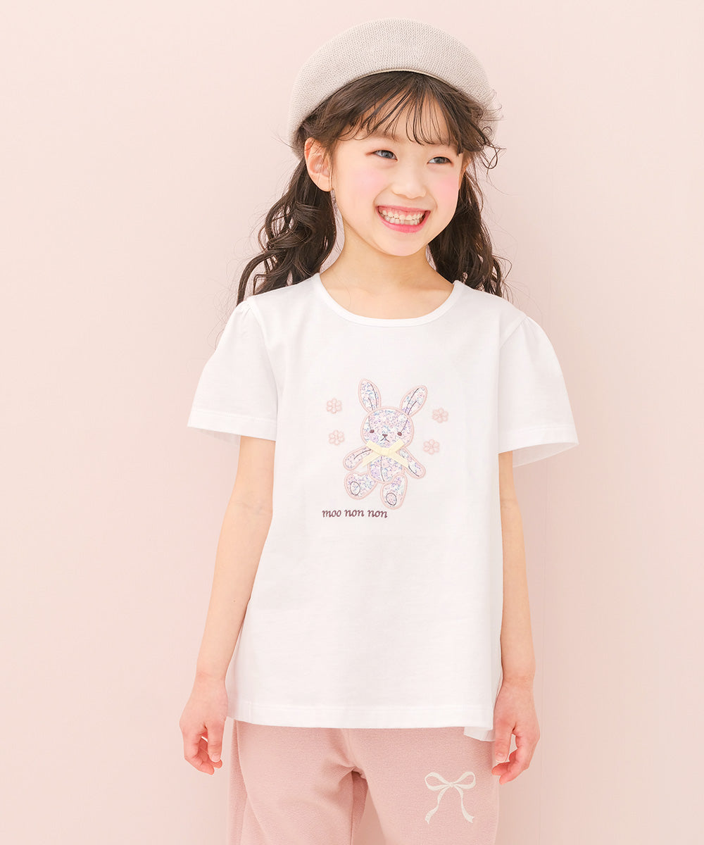 綿100％ 花柄うさぎアップリケ バックリボンつきTシャツ