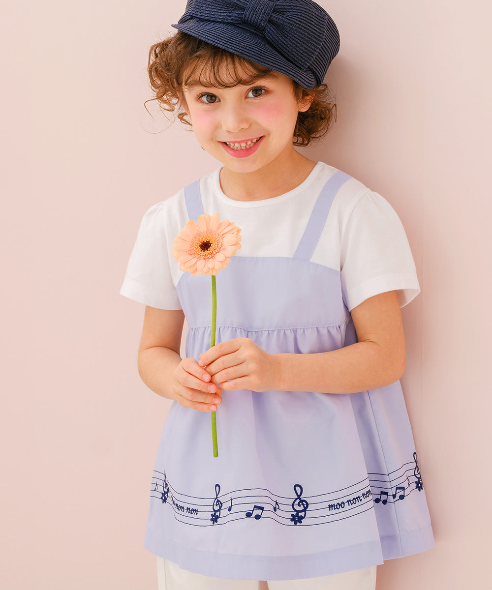 音符＆ブランドロゴ刺繍 重ね着風Tシャツ