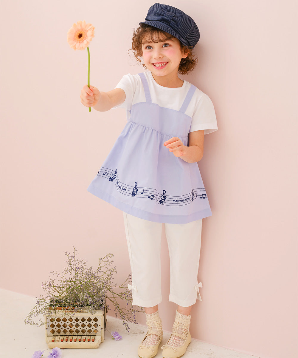 音符＆ブランドロゴ刺繍 重ね着風Tシャツ