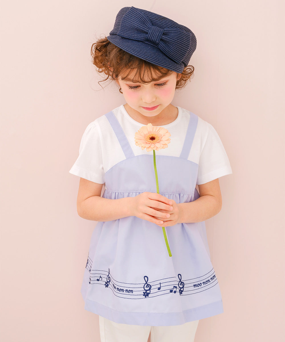 音符＆ブランドロゴ刺繍 重ね着風Tシャツ