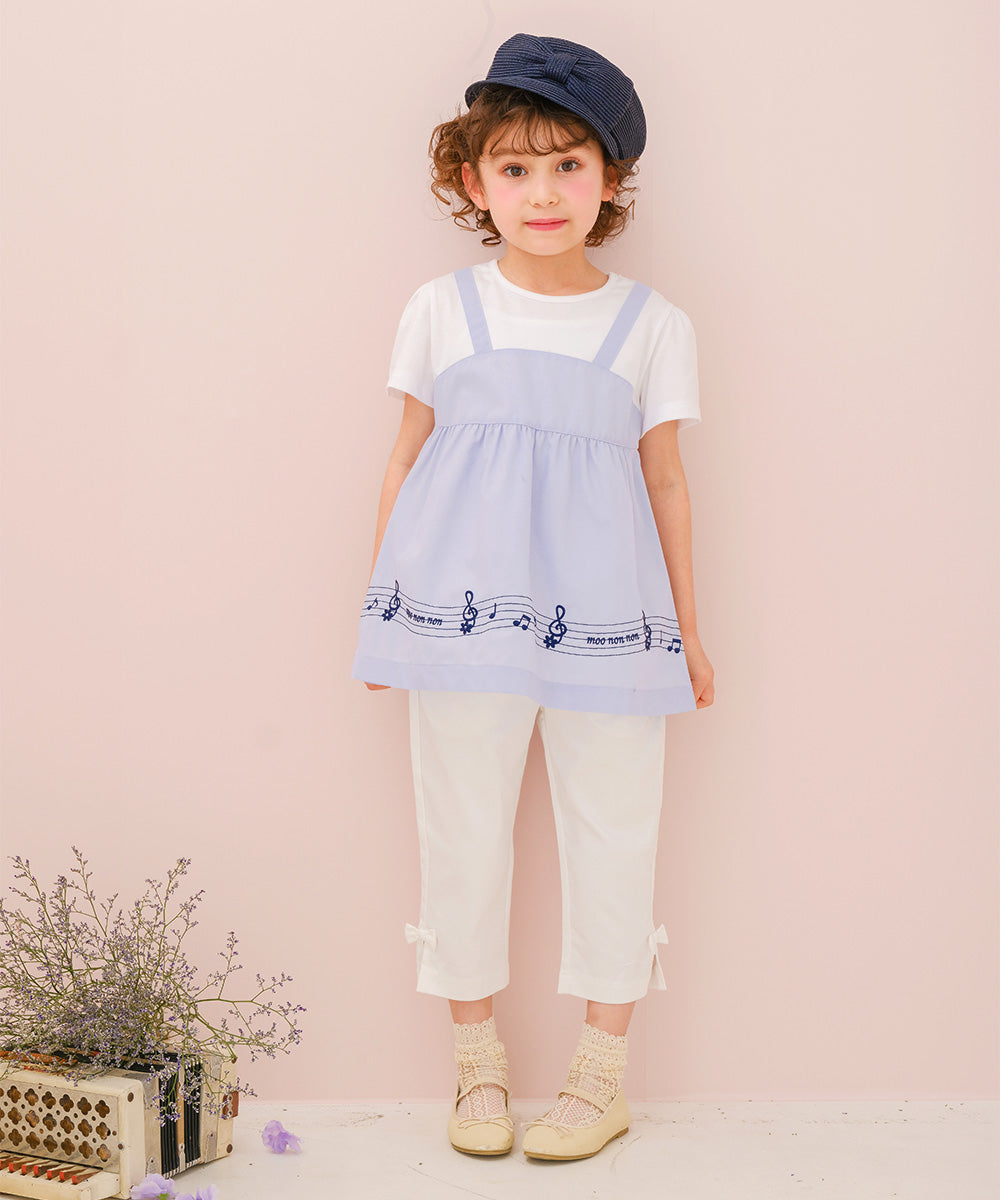 音符＆ブランドロゴ刺繍 重ね着風Tシャツ