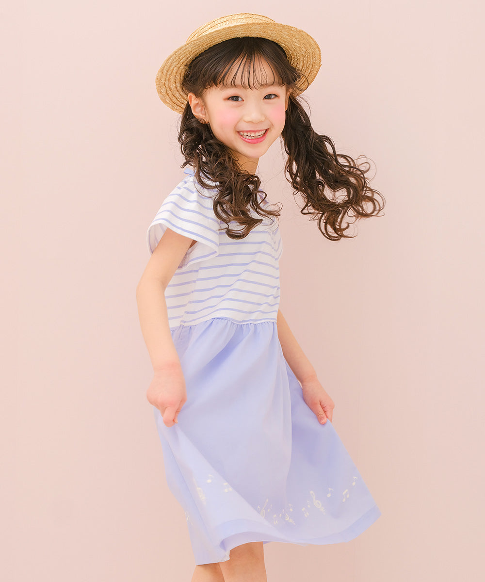 音符プリント 肩あき袖 ボーダー柄ドッキングワンピース