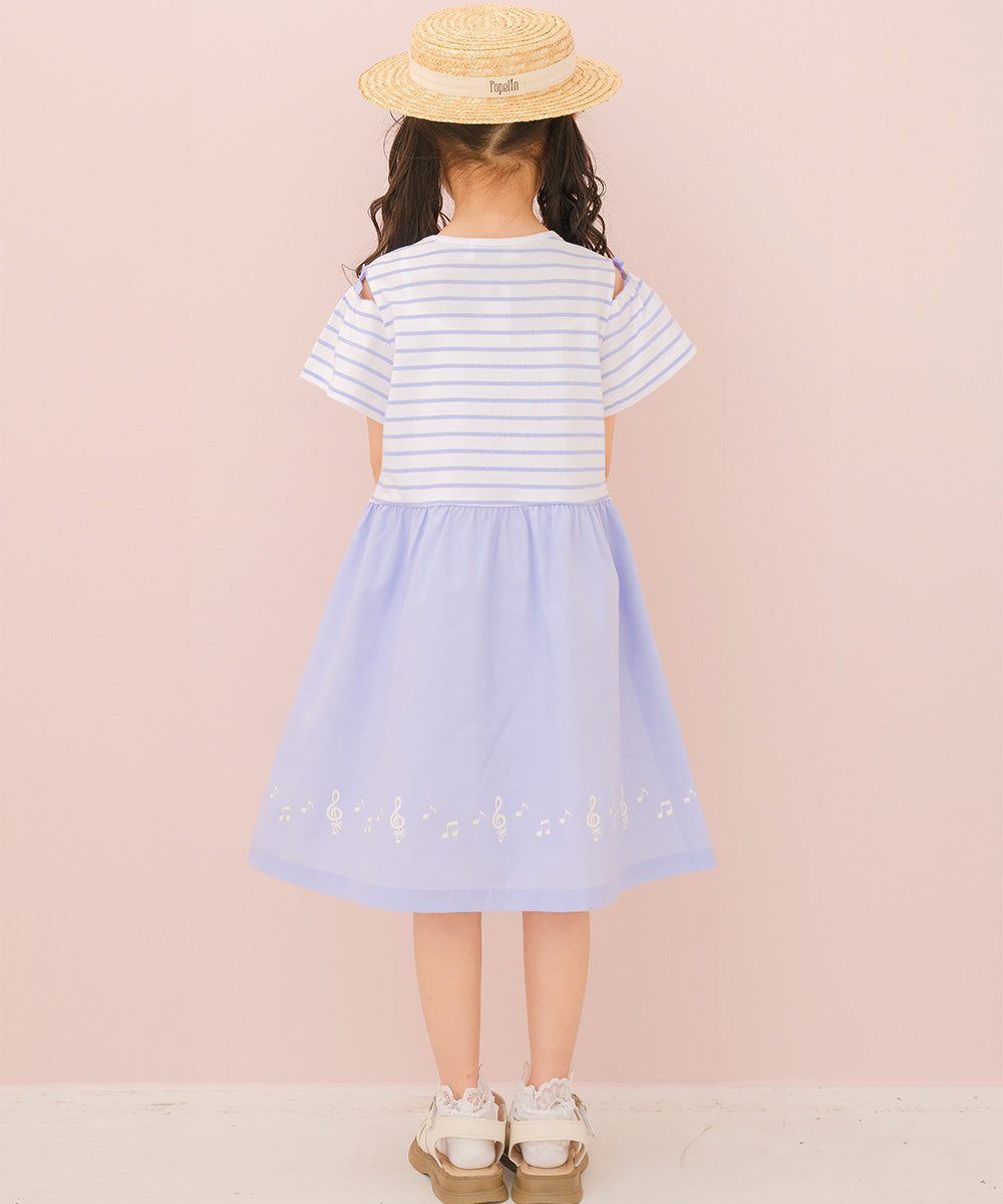 音符プリント 肩あき袖 ボーダー柄ドッキングワンピース