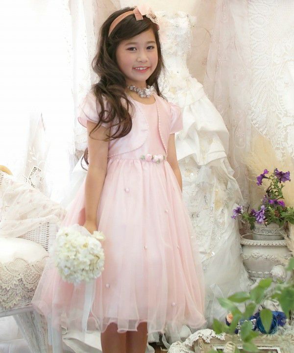 A layered style tulle dress with flowers Pink model image up