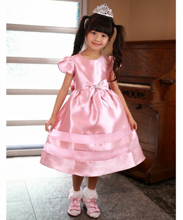 Tulle line dress with rhinestone ribbon Pink model image whole body