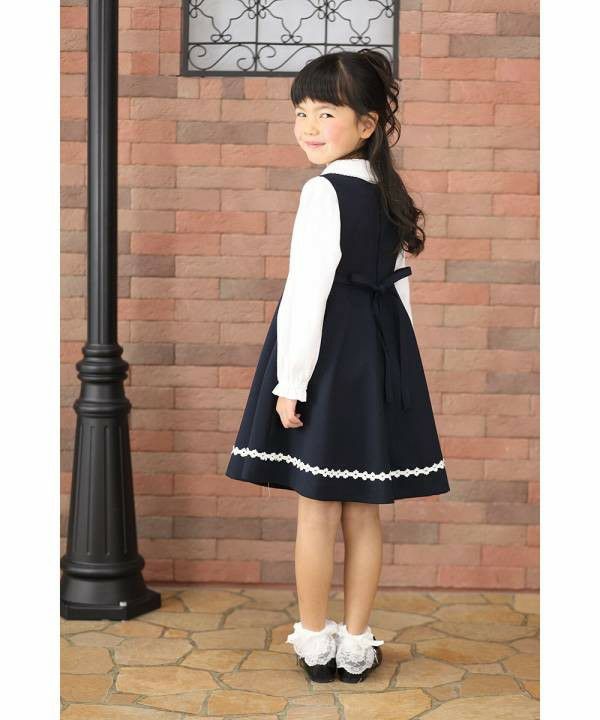 Children's clothing Girls Casual Casual Classification School School Wearing Hem Flower Lace Flare One Piece Navy (06) Model Image 2