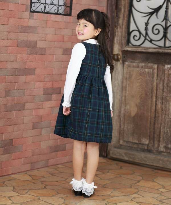 Children's clothing girl tartan plaid dress dress dark blue (06) model image 2