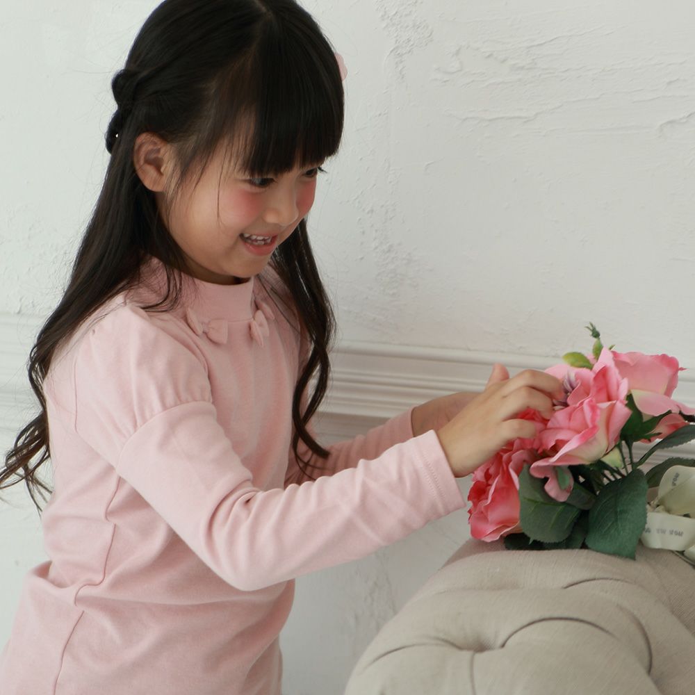 Children's clothing Girl High Neck T -shirt Long -sleeved Switch Puff Sleeve Pink (02) Model Image 2