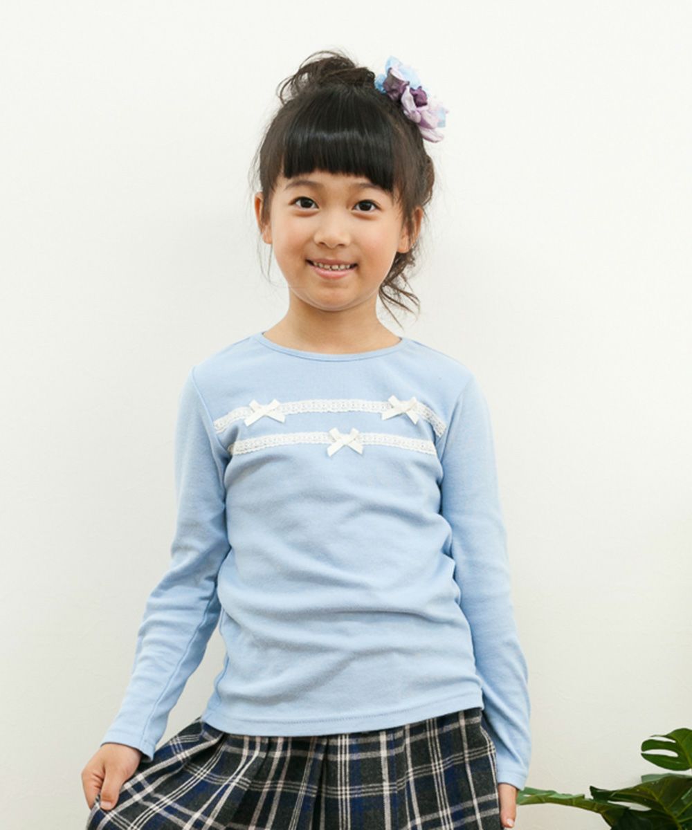Children's clothing girl T -shirt Long sleeve elegant ribbon & lace blue (61) Model image up