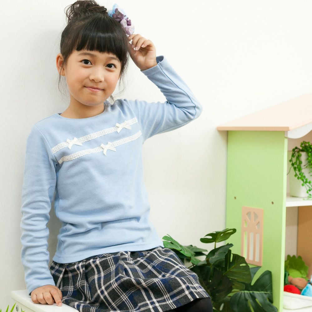 Children's clothing girl T -shirt Long sleeve elegant ribbon & lace blue (61) model image 1