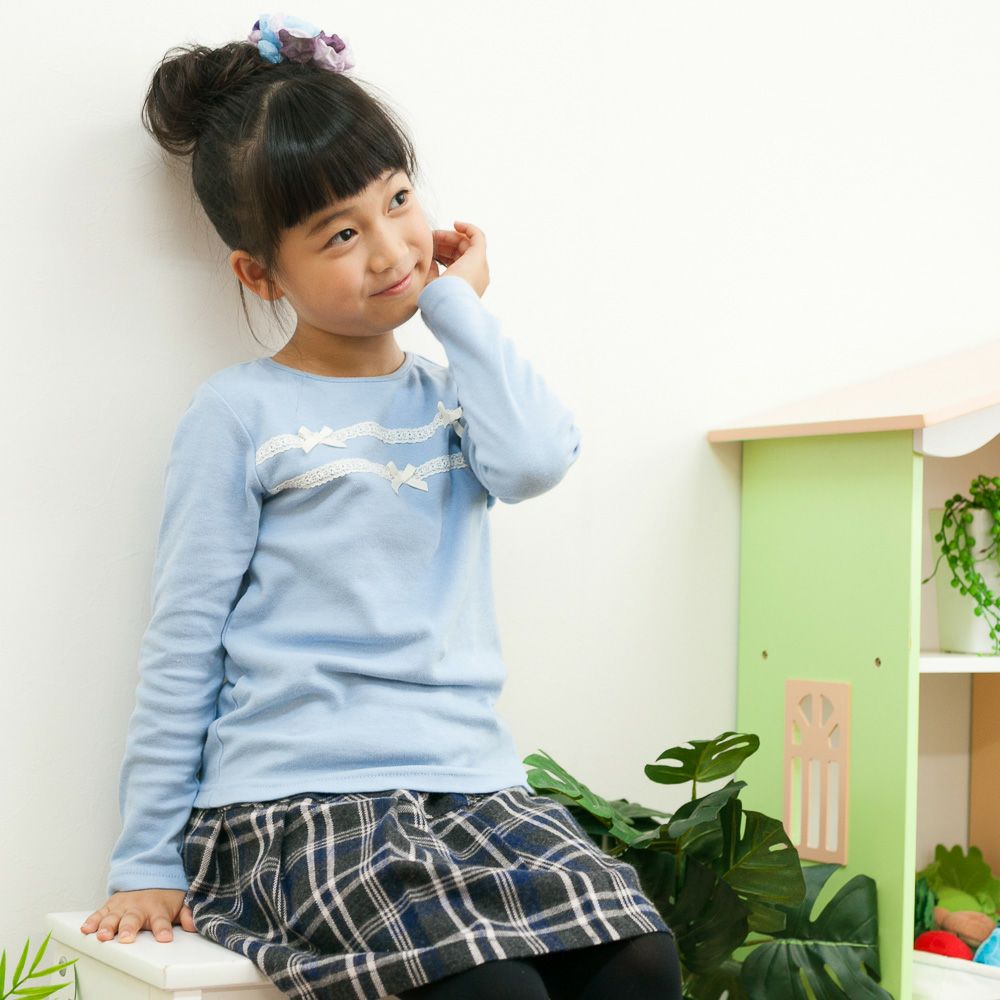 Children's clothing girl T -shirt Long sleeve elegant ribbon & lace blue (61) model image 2