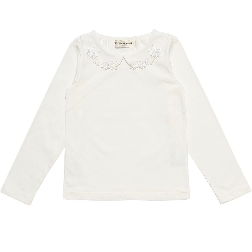 Children's clothing girl 100 % flower moti frace with collar T -shirt off -white (11) front