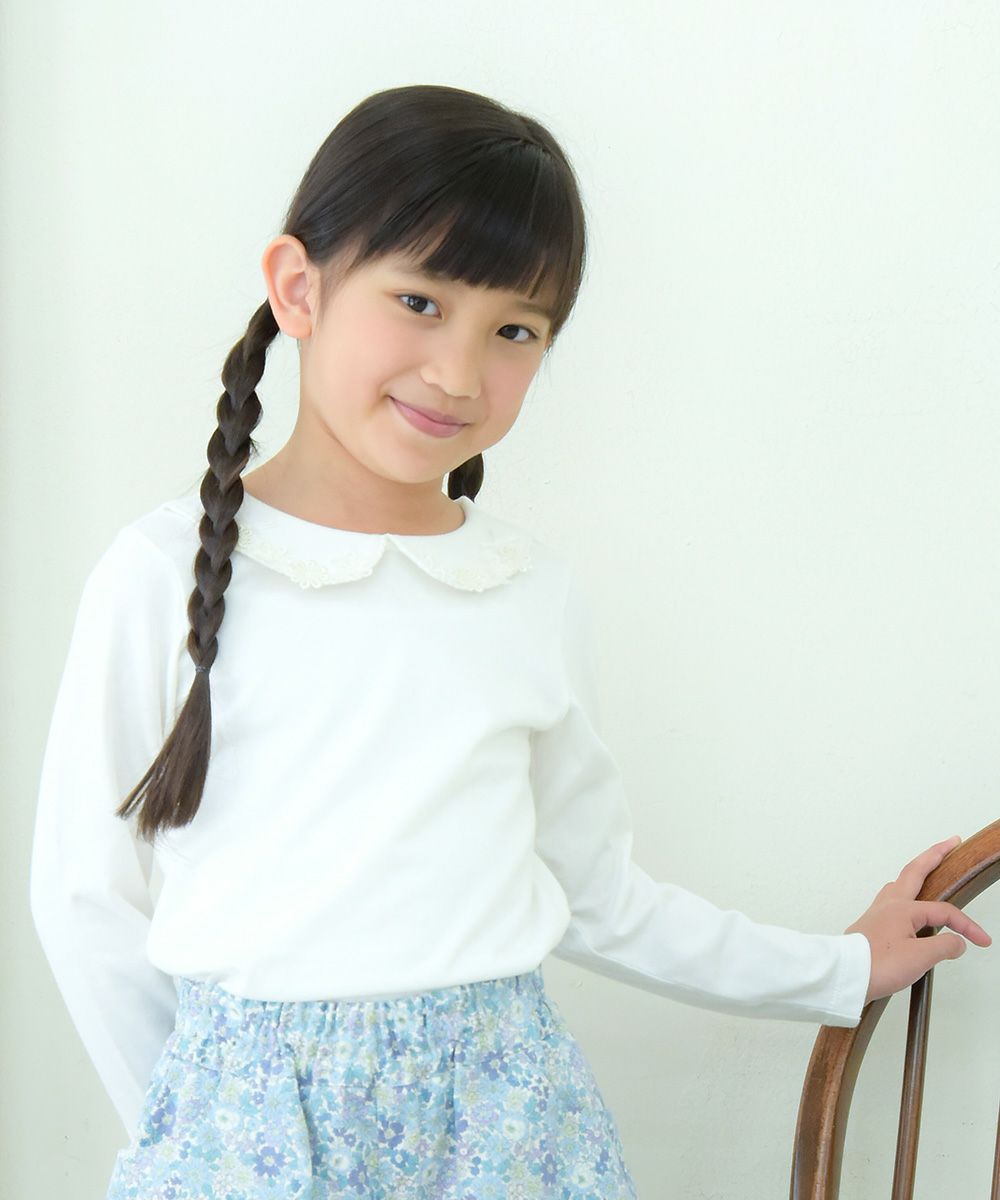 Children's clothing girl 100 % flower moti frace with collar T -shirt off -white (11) Model image up