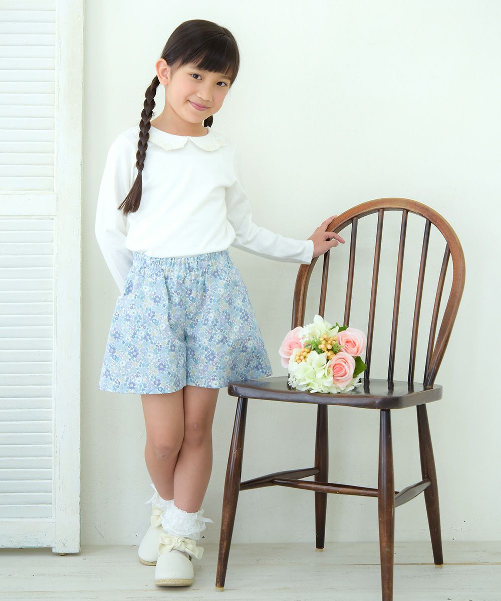 Children's clothing girl 100 % flower moti frace with collar T -shirt off -white (11) model image whole body