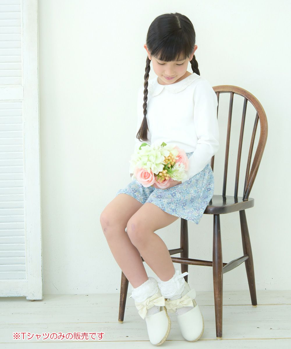 Children's clothing girl 100 % flower moti frace with collar T -shirt off -white (11) model image 1