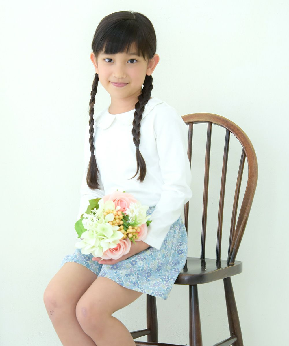 Children's clothing girl 100 % flower moti frace with collar T -shirt off -white (11) model image 2