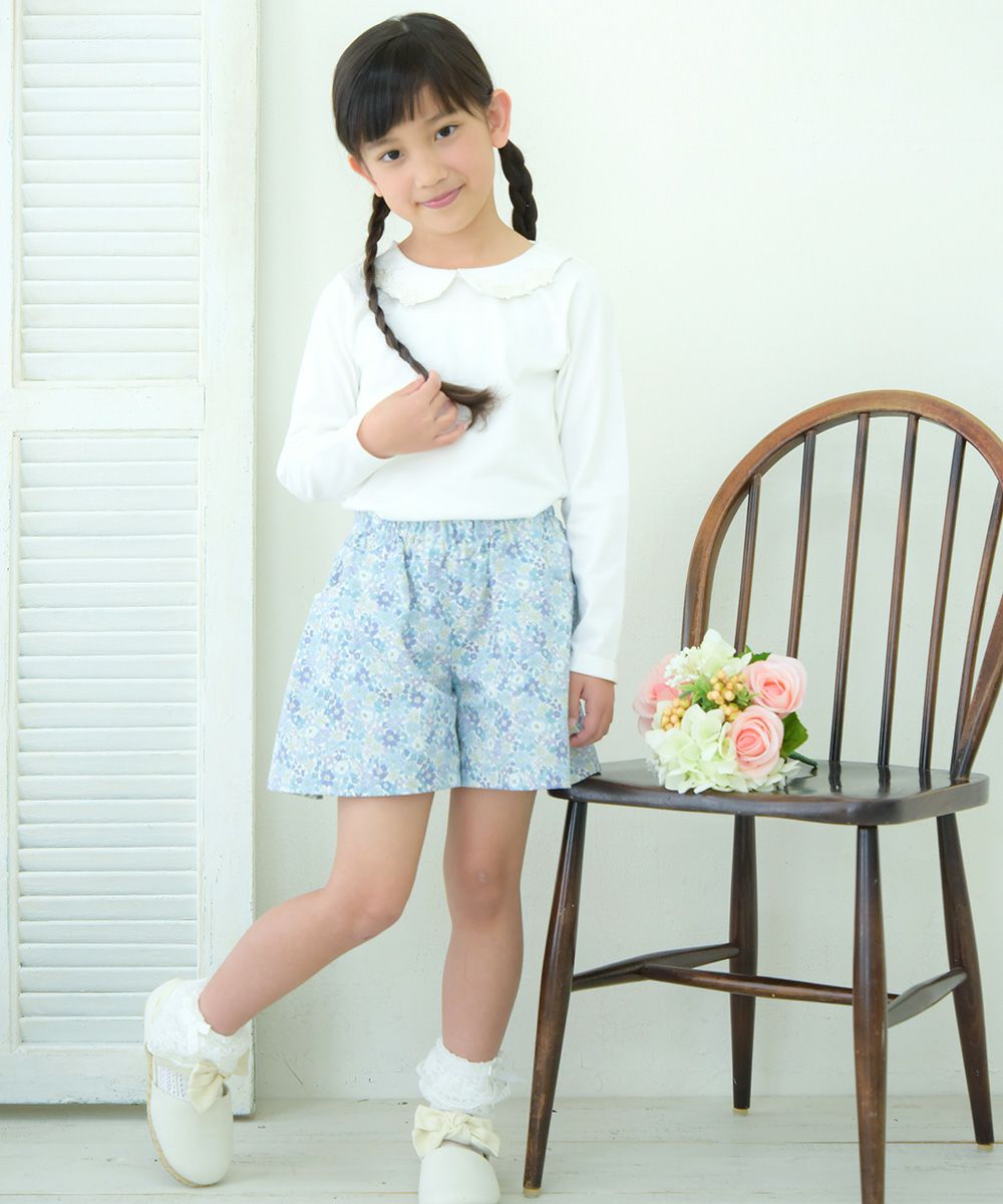 Children's clothing girl 100 % flower moti frace with collar T -shirt off -white (11) model image 3