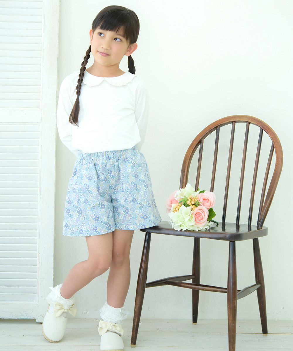 Children's clothing girl 100 % flower moti frace with collar T -shirt off -white (11) model image 4