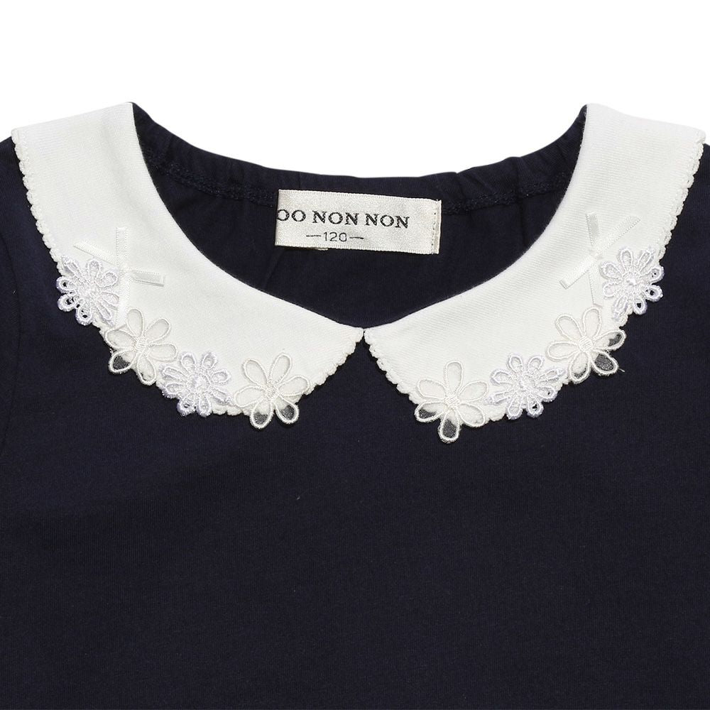 Children's clothing girl 100 % flower moti frace with collar T -shirt navy (06) Design point 1