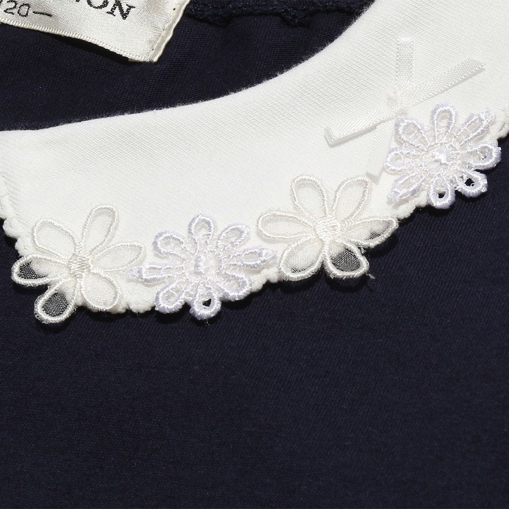 Children's clothing girl 100 % flower moti frace with collar T -shirt navy (06) Design point 2