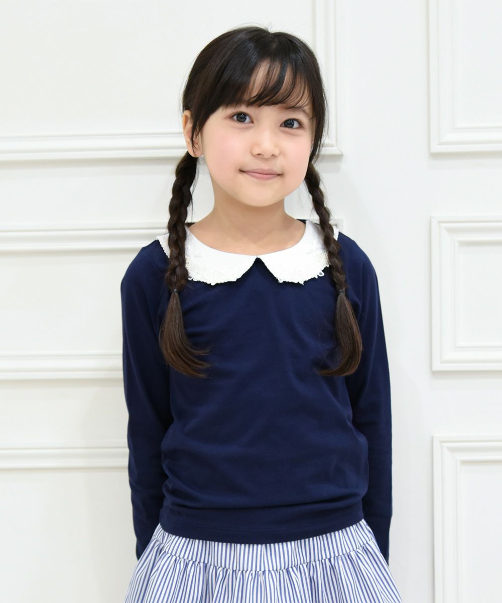 Children's clothing girl 100 % flower moti frace with collar T -shirt navy (06) Model image up