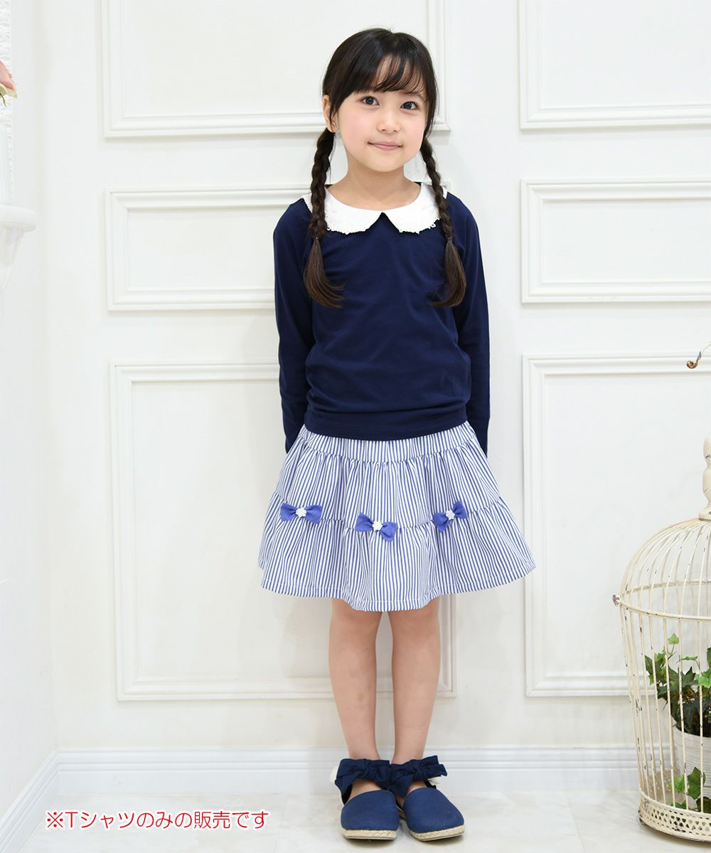 Children's clothing girl 100 % flower moti frace with collar T -shirt navy (06) model image whole body