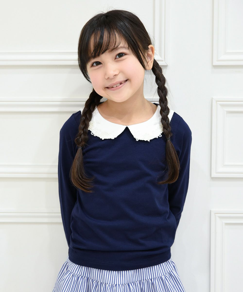 Children's clothing girl 100 % flower moti frace with collar T -shirt navy (06) model image 1