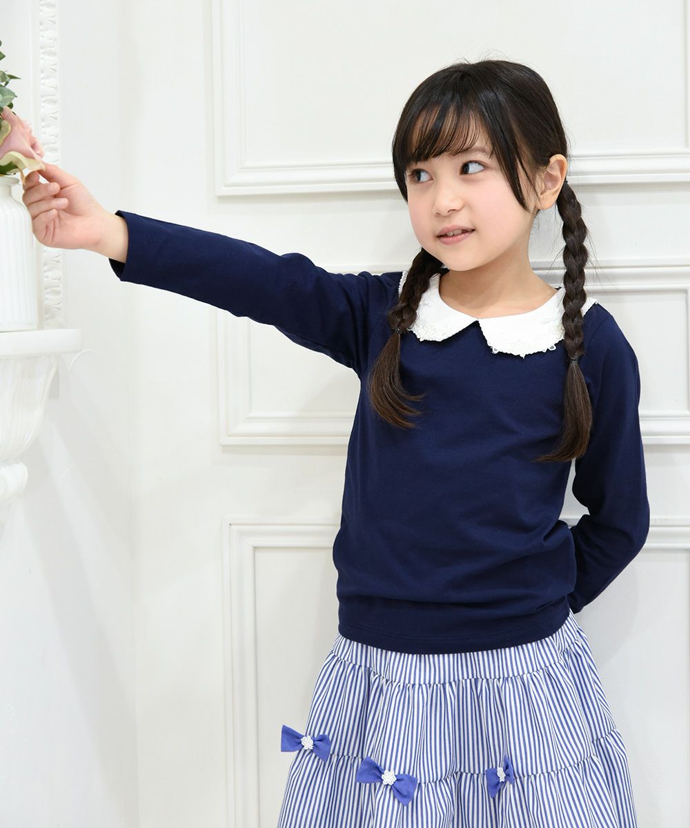 Children's clothing girl 100 % flower moti frace with collar T -shirt navy (06) model image 2