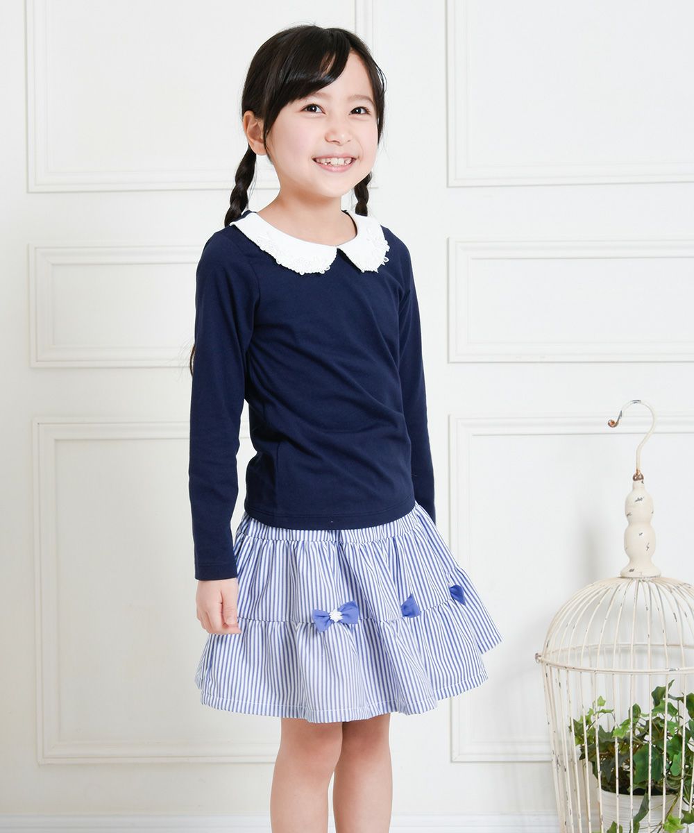 Children's clothing girl 100 % flower moti frace with collar T -shirt navy (06) model image 3