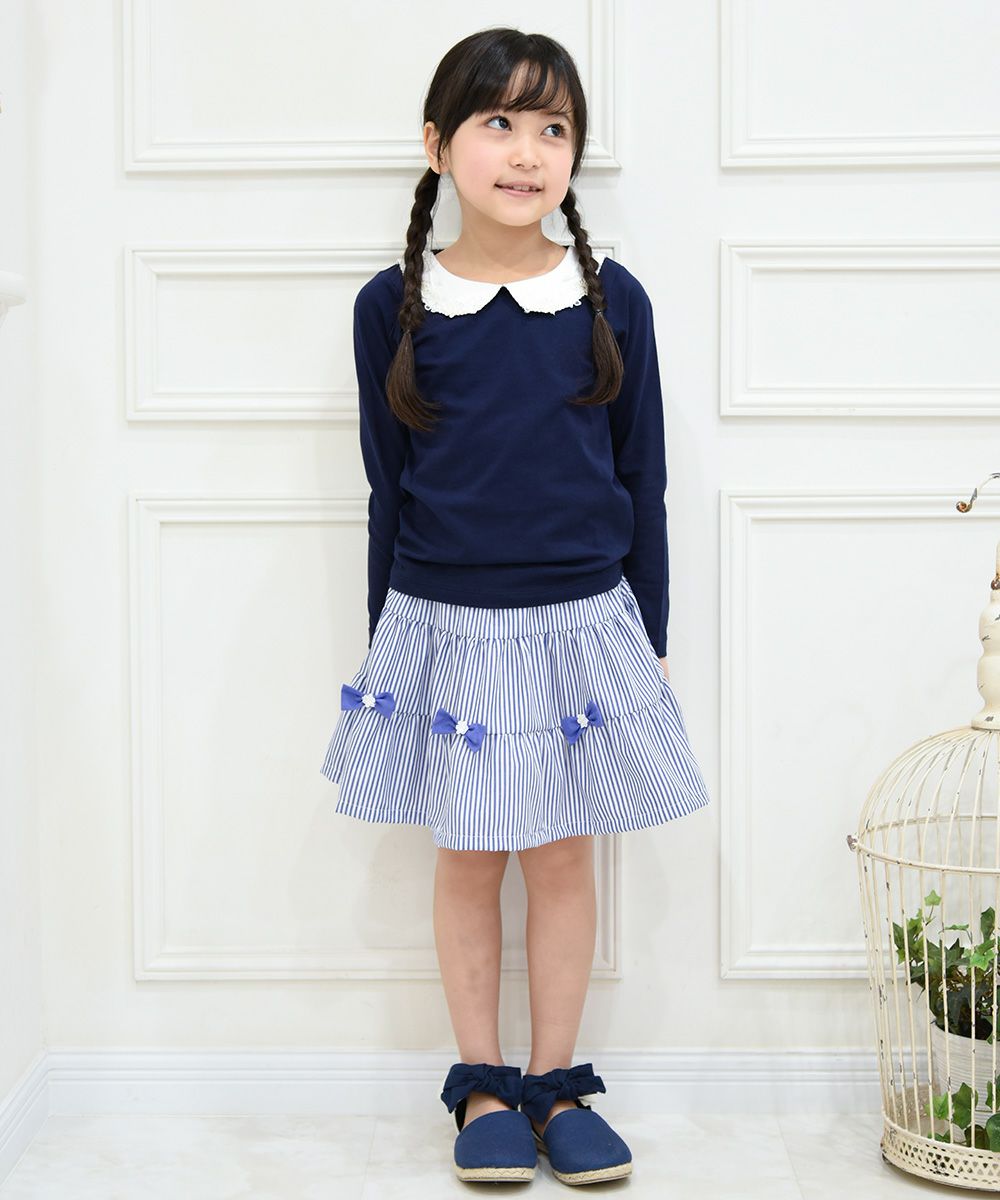 Children's clothing girl 100 % flower moti frace with collar T -shirt navy (06) model image 4