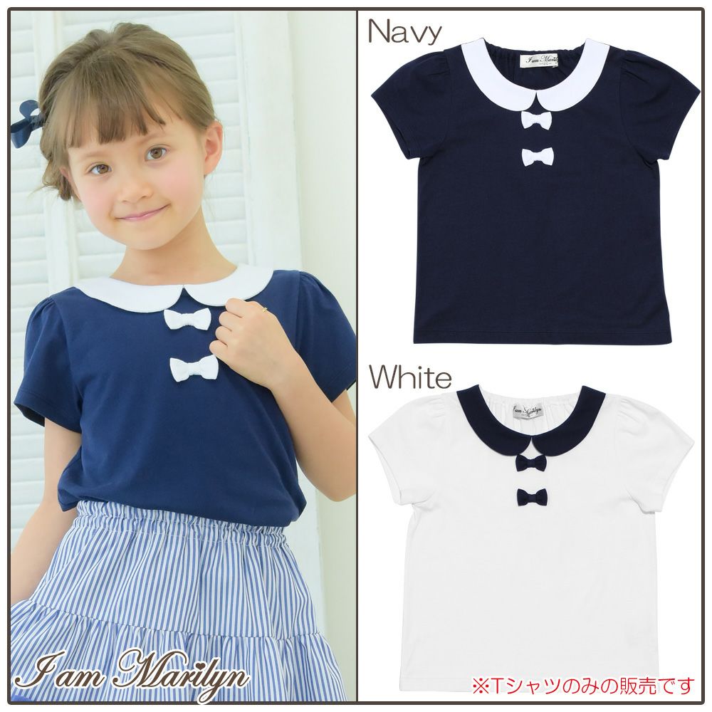 Children's clothing girl 100 % cotton ribbon & round collar T -shirt