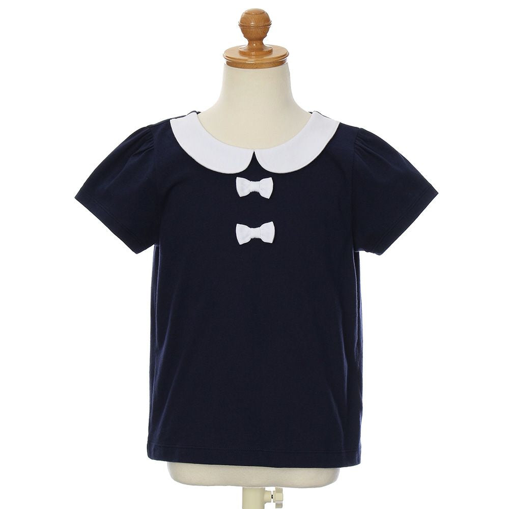 Children's clothing girl 100 % cotton ribbon & round collar T -shirt navy (06) torso