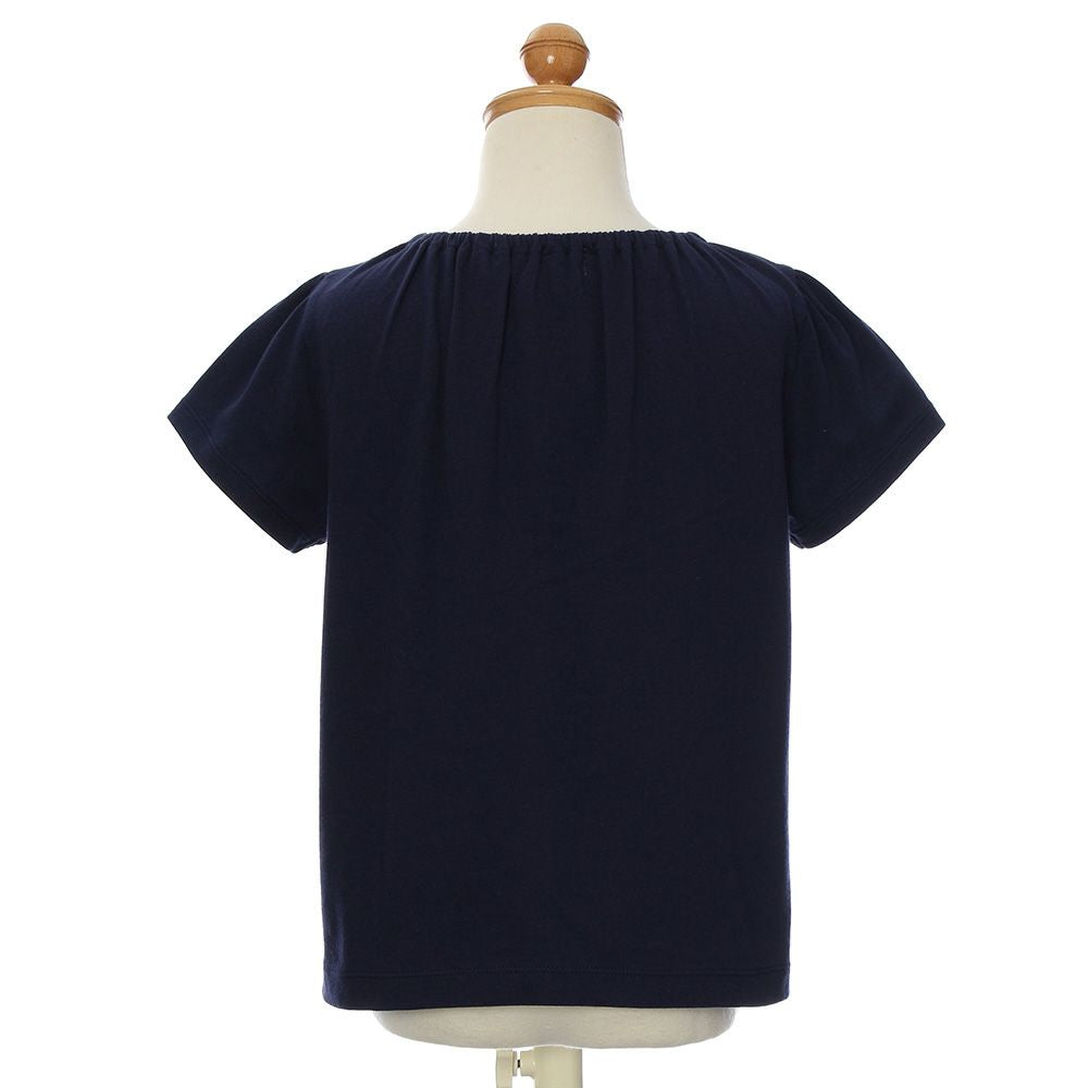 Children's clothing girl 100 % cotton ribbon & round collar T -shirt navy (06) Torso