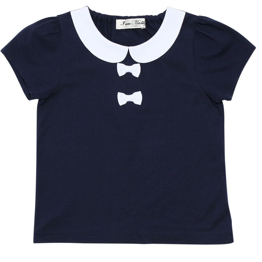 Children's clothing girl 100 % cotton ribbon & round collar T -shirt navy (06) front