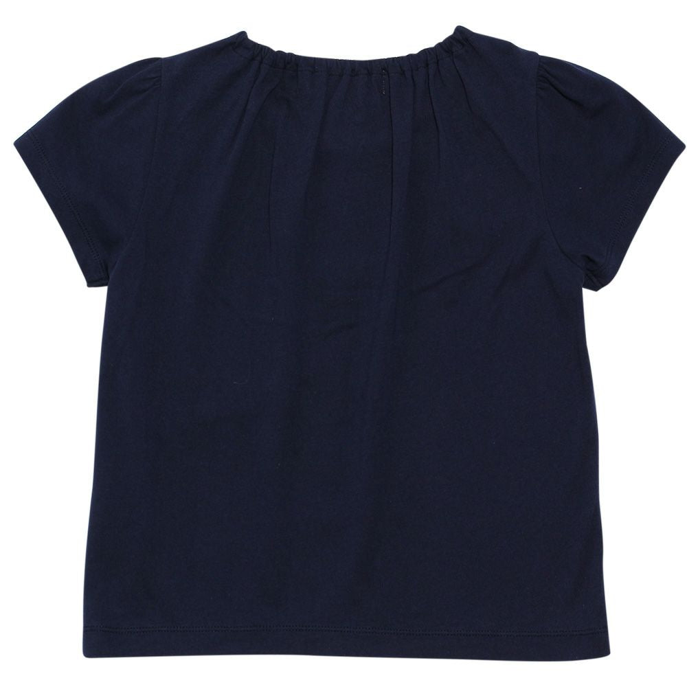 Children's clothing girl 100 % cotton ribbon & round collar T -shirt navy (06) back