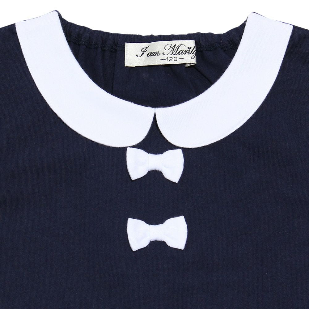 Children's clothing girl 100 % cotton ribbon & round collar T -shirt navy (06) Design point 1