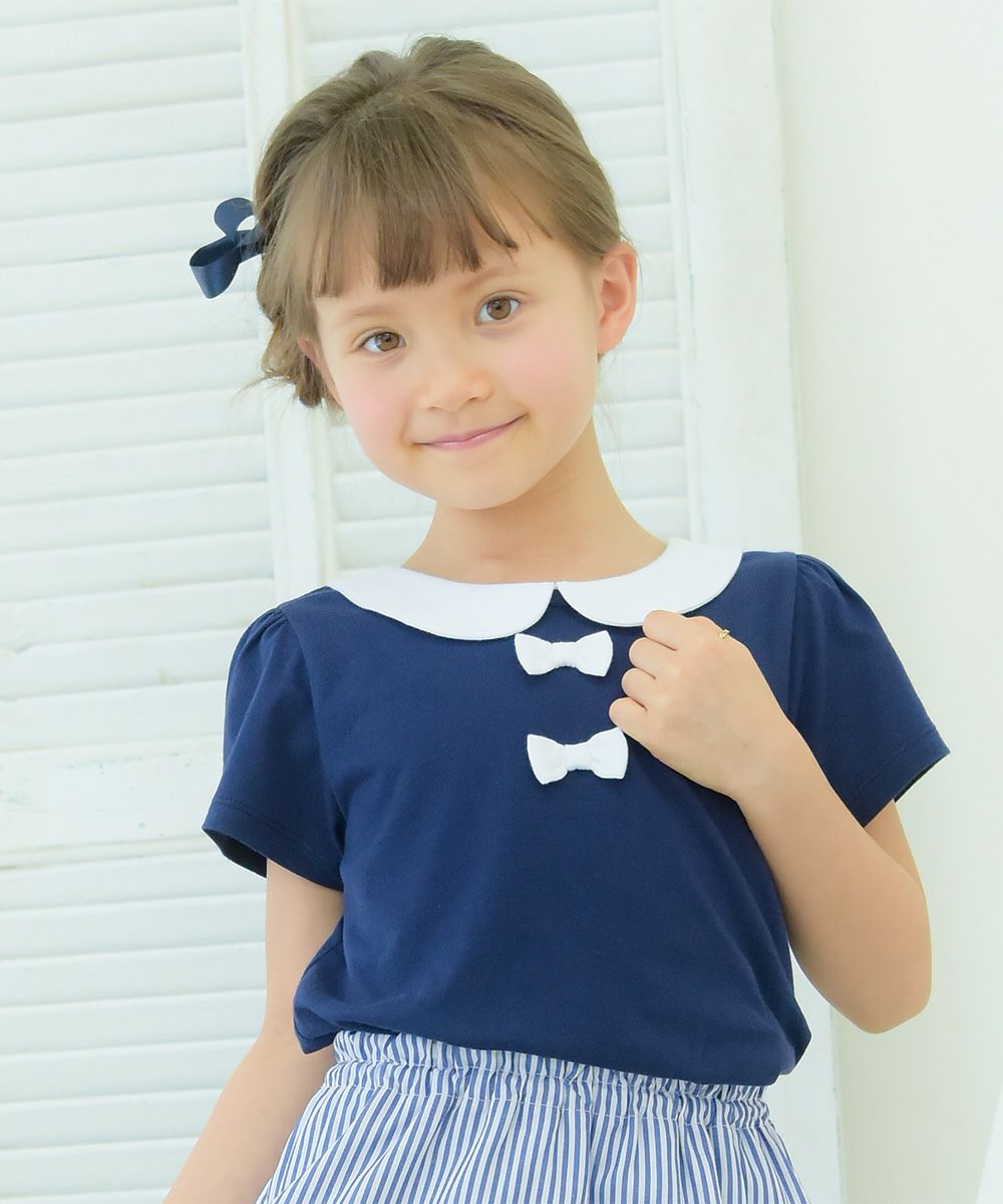 Children's clothing girl 100 % cotton ribbon & round collar T -shirt navy (06) model image up