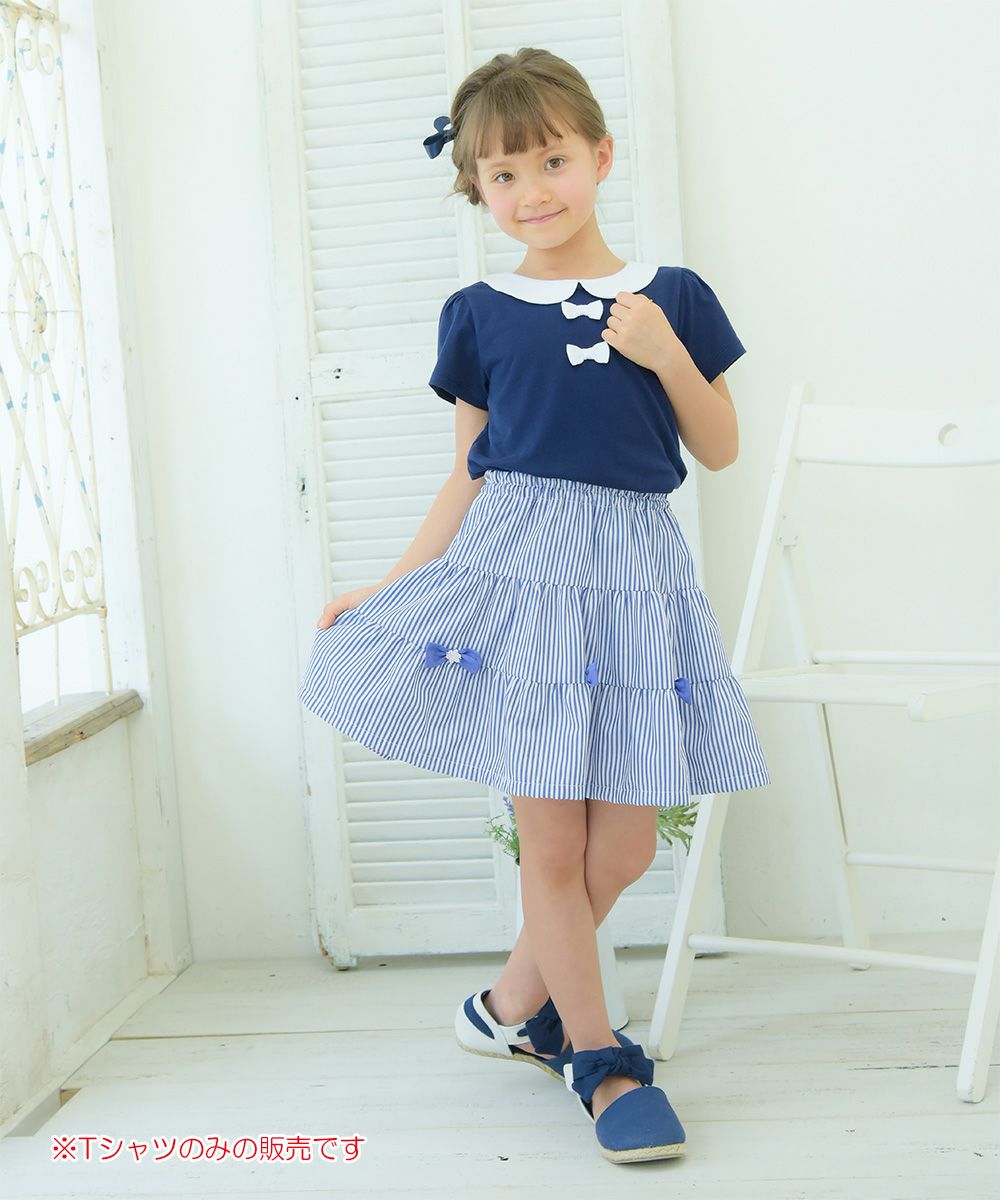 Children's clothing girl 100 % cotton ribbon & round collar T -shirt navy (06) model image whole body