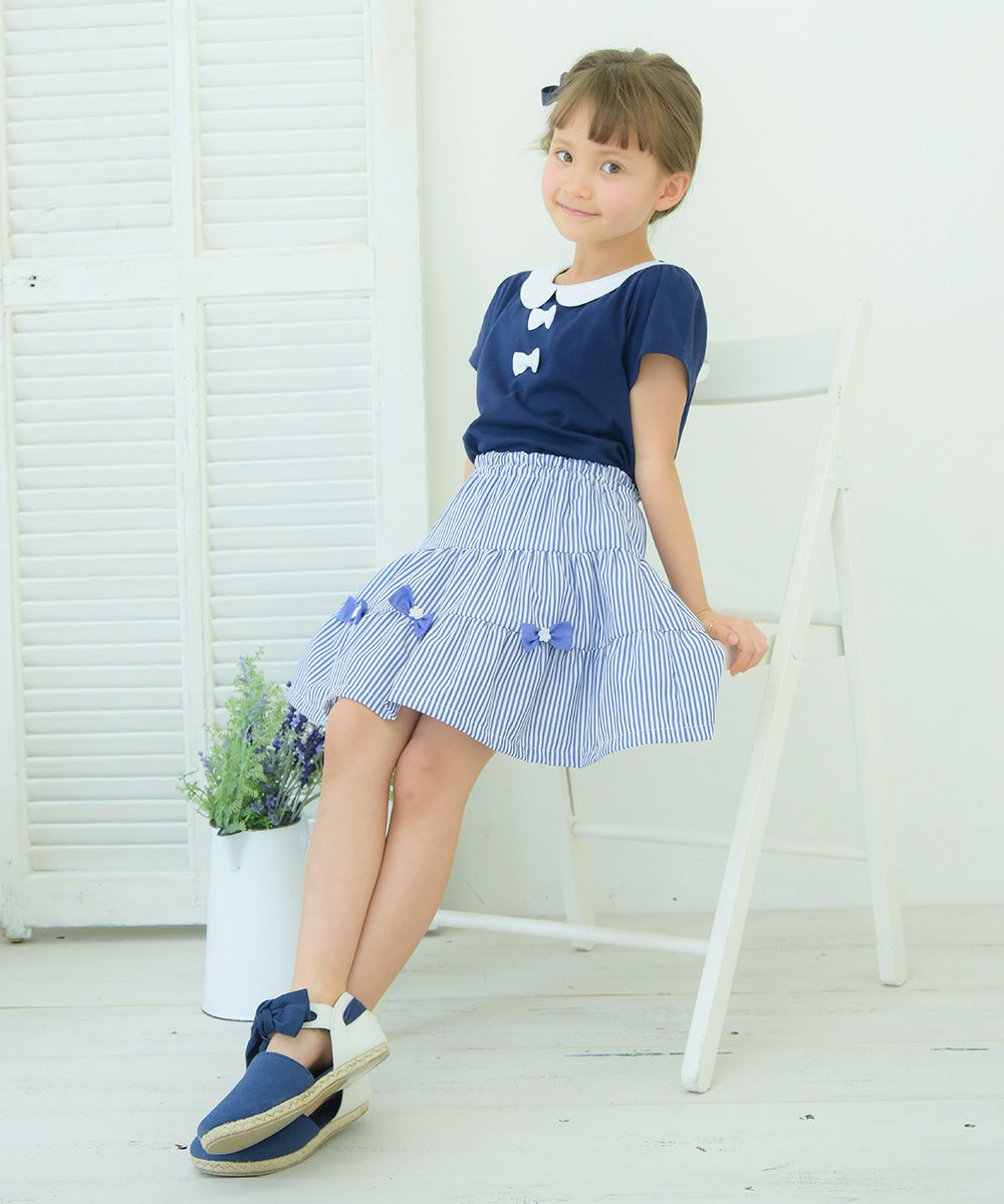Children's clothing girl 100 % cotton ribbon & round collar T -shirt navy (06) model image 1