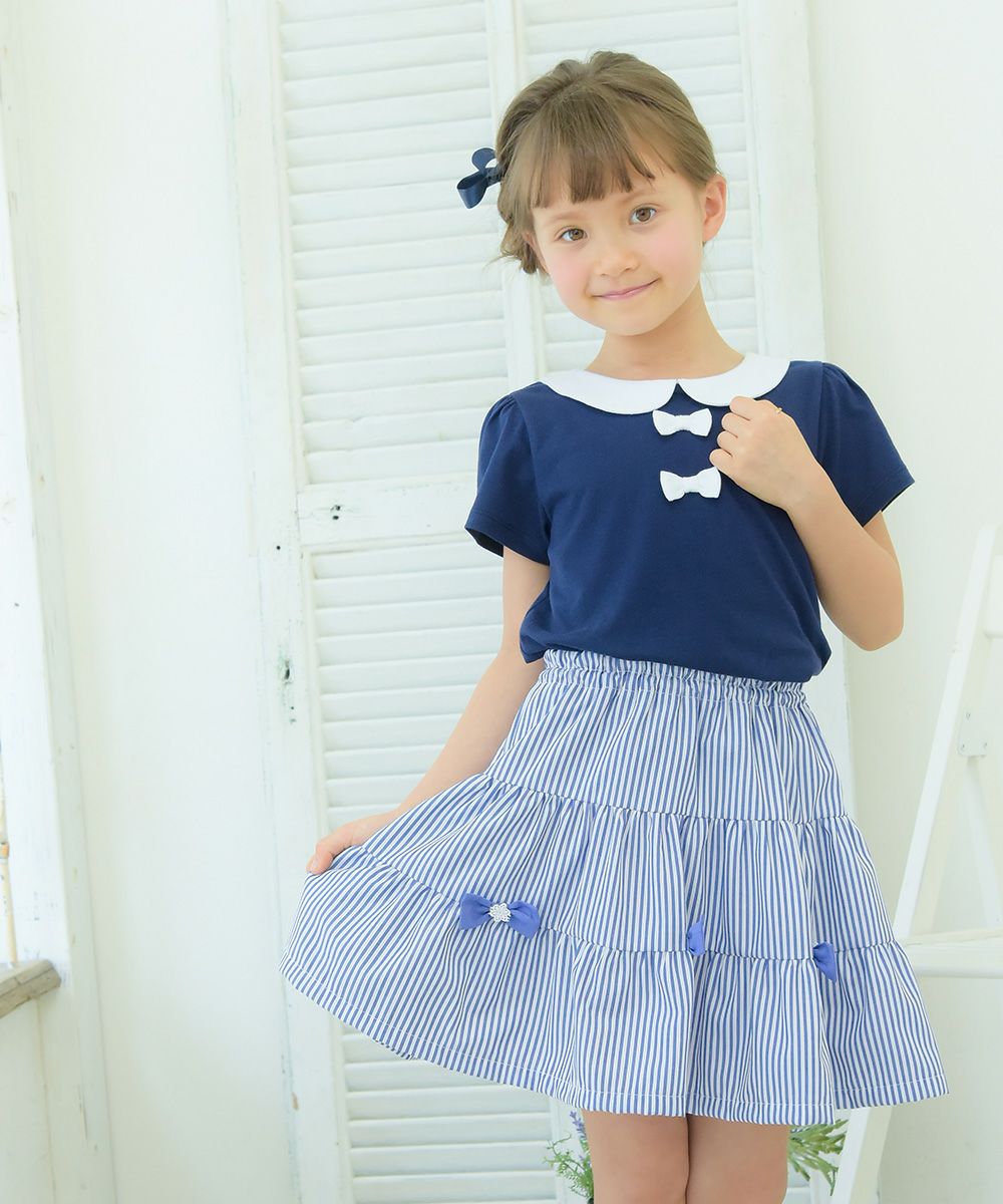 Children's clothing girl 100 % cotton ribbon & round collar T -shirt navy (06) model image 2