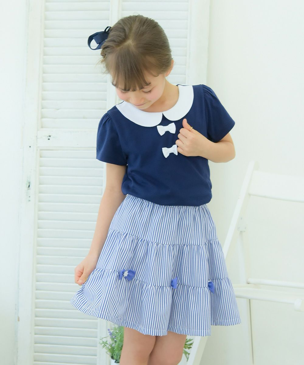 Children's clothing girl 100 % cotton ribbon & round collar T -shirt navy (06) model image 3