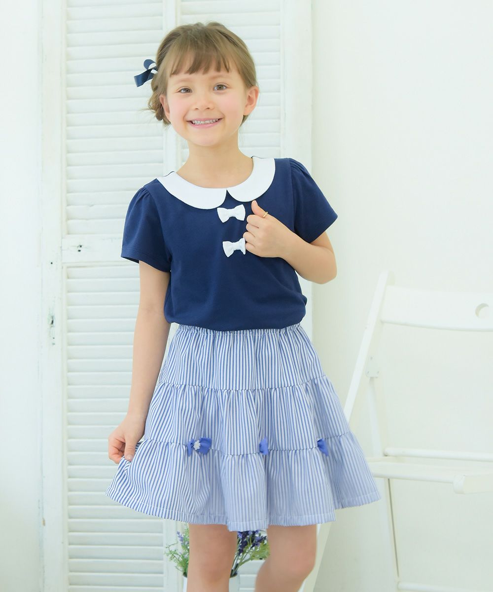 Children's clothing girl 100 % cotton ribbon & round collar T -shirt navy (06) model image 4