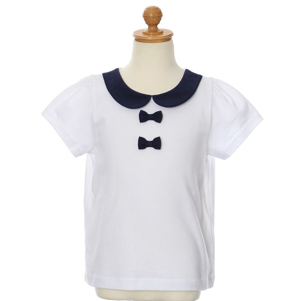 Children's clothing girl 100 % cotton ribbon & round collar T -shirt off -white (11) torso