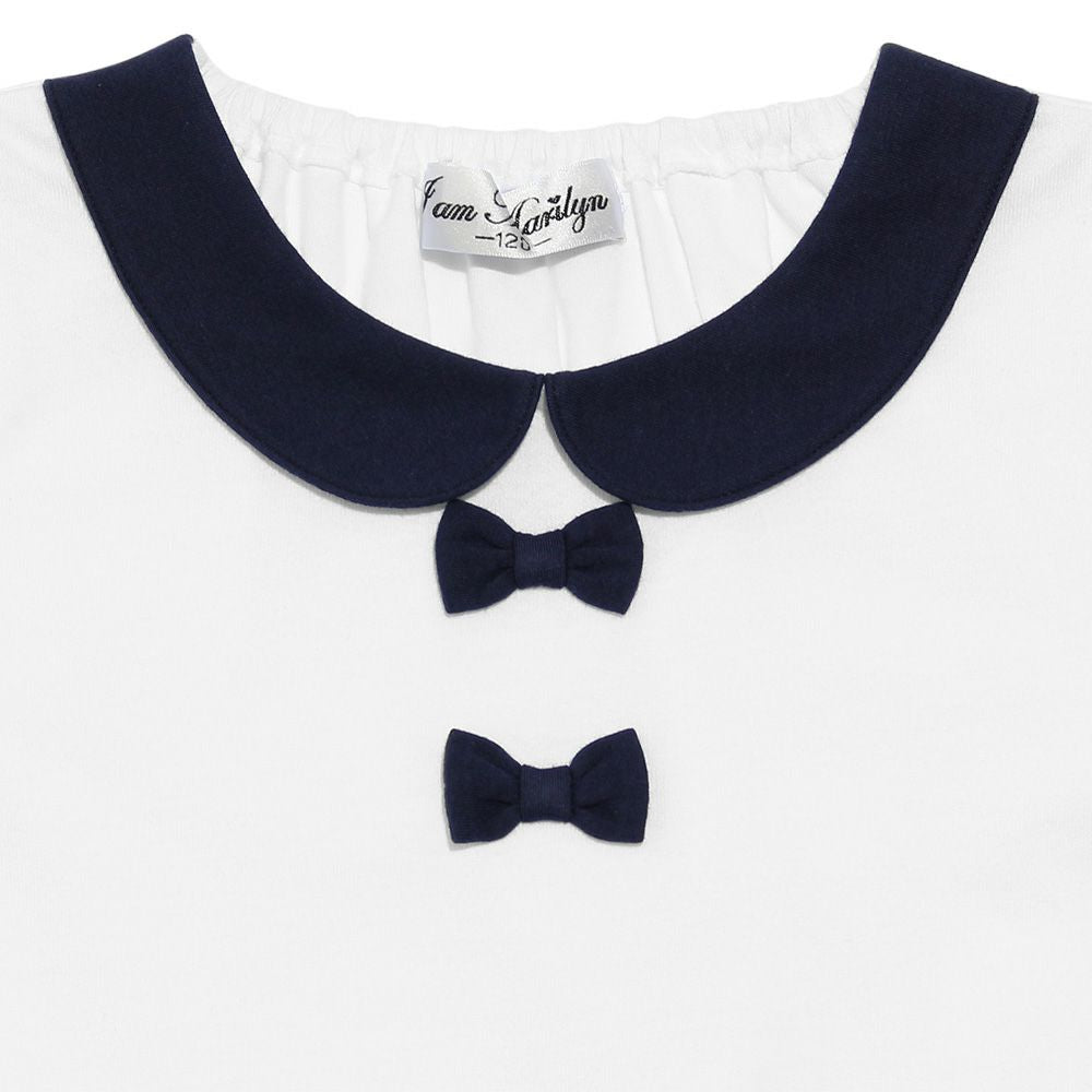 Children's clothing girl 100 % cotton ribbon & round collar T -shirt off -white (11) Design point 1