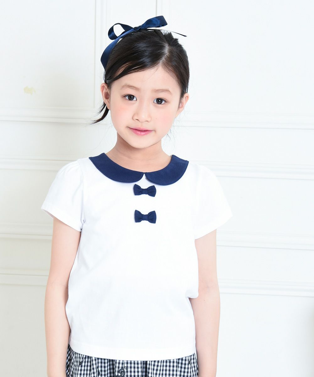 Children's clothing girl 100 % cotton ribbon & round collar T -shirt off -white (11) model image up
