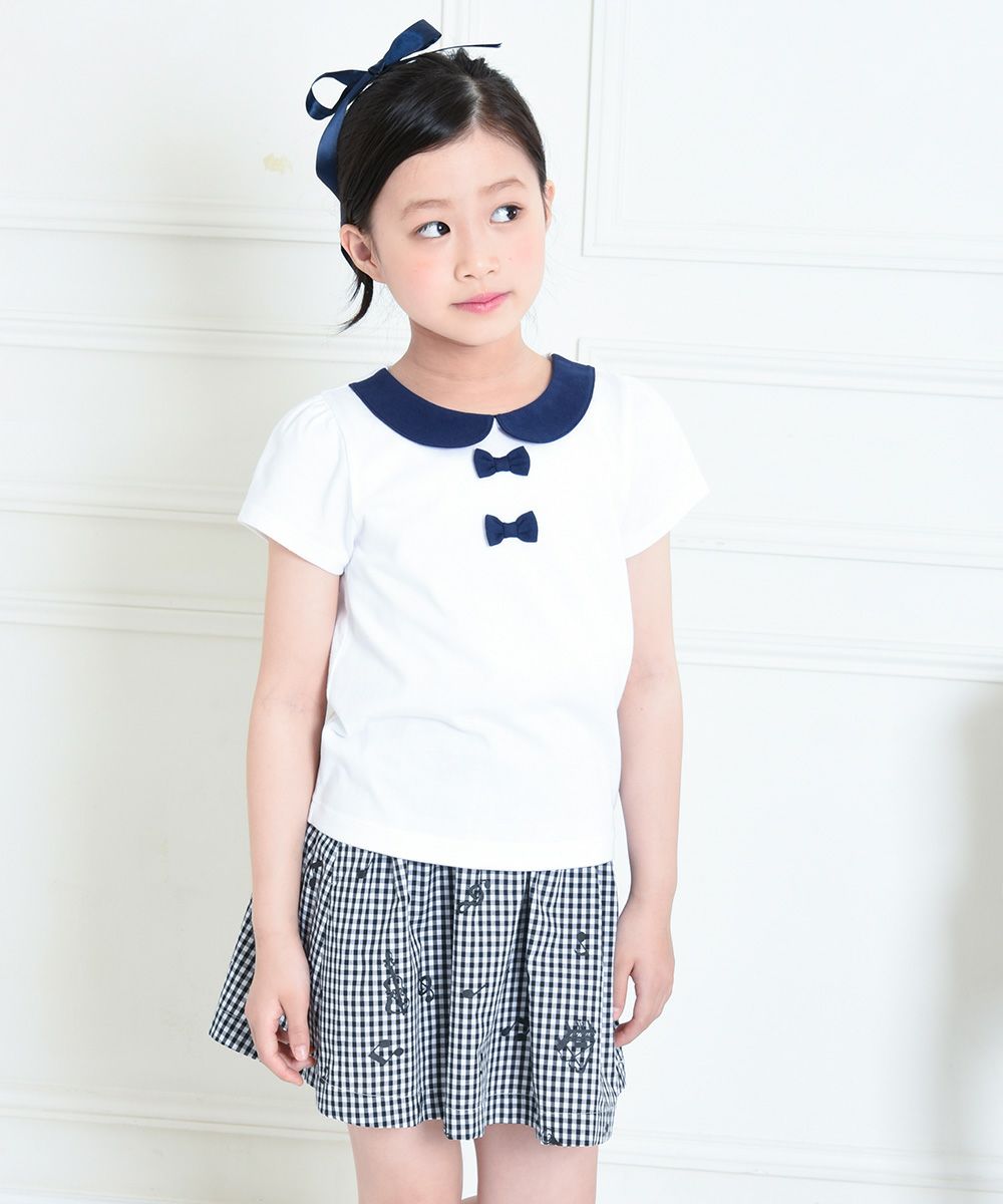 Children's clothing girl 100 % cotton ribbon & round collar T -shirt off -white (11) model image 1