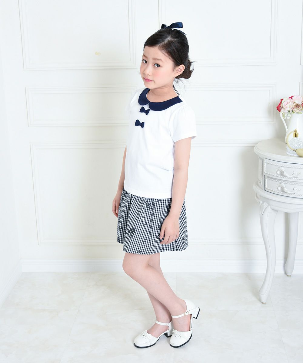Children's clothing girl 100 % cotton ribbon & round collar T -shirt off -white (11) model image 2